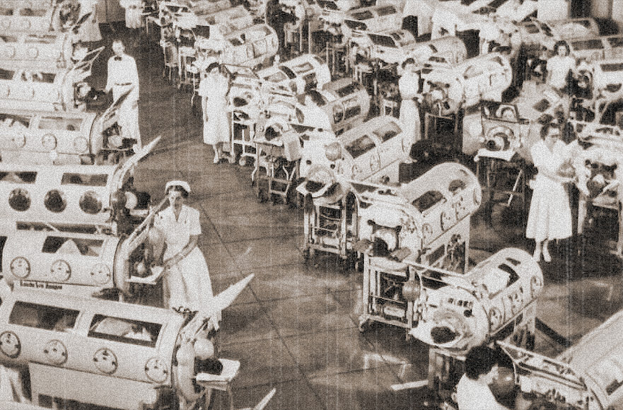 Ala hospitalar com pulmões de ferro para vítimas da pólio, nos anos 50