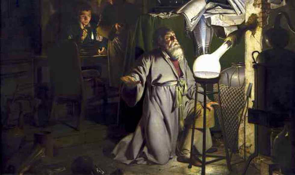 Detalhe da pintura "Alquimista descobre o fósforo", de Joseph Wright of Derby