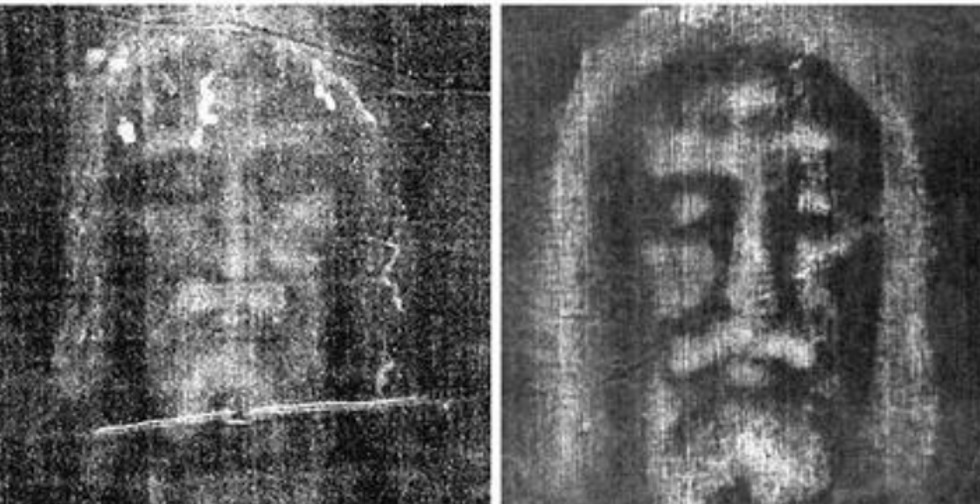 Imagem do rosto do Sudário, justaposta a réplica produzida por cientistas italianos