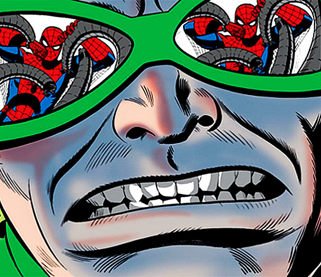 Homem-Aranha refletido nos óculos do Dr Octopus, no traço de John Romita