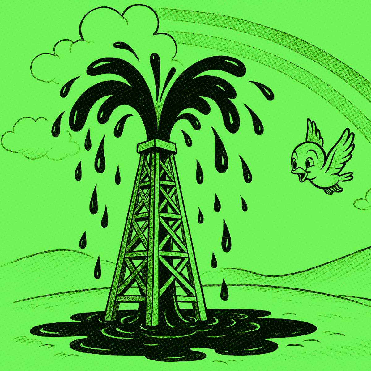 campo de petróleo com arco-íris ao fundo e pasarinho feliz