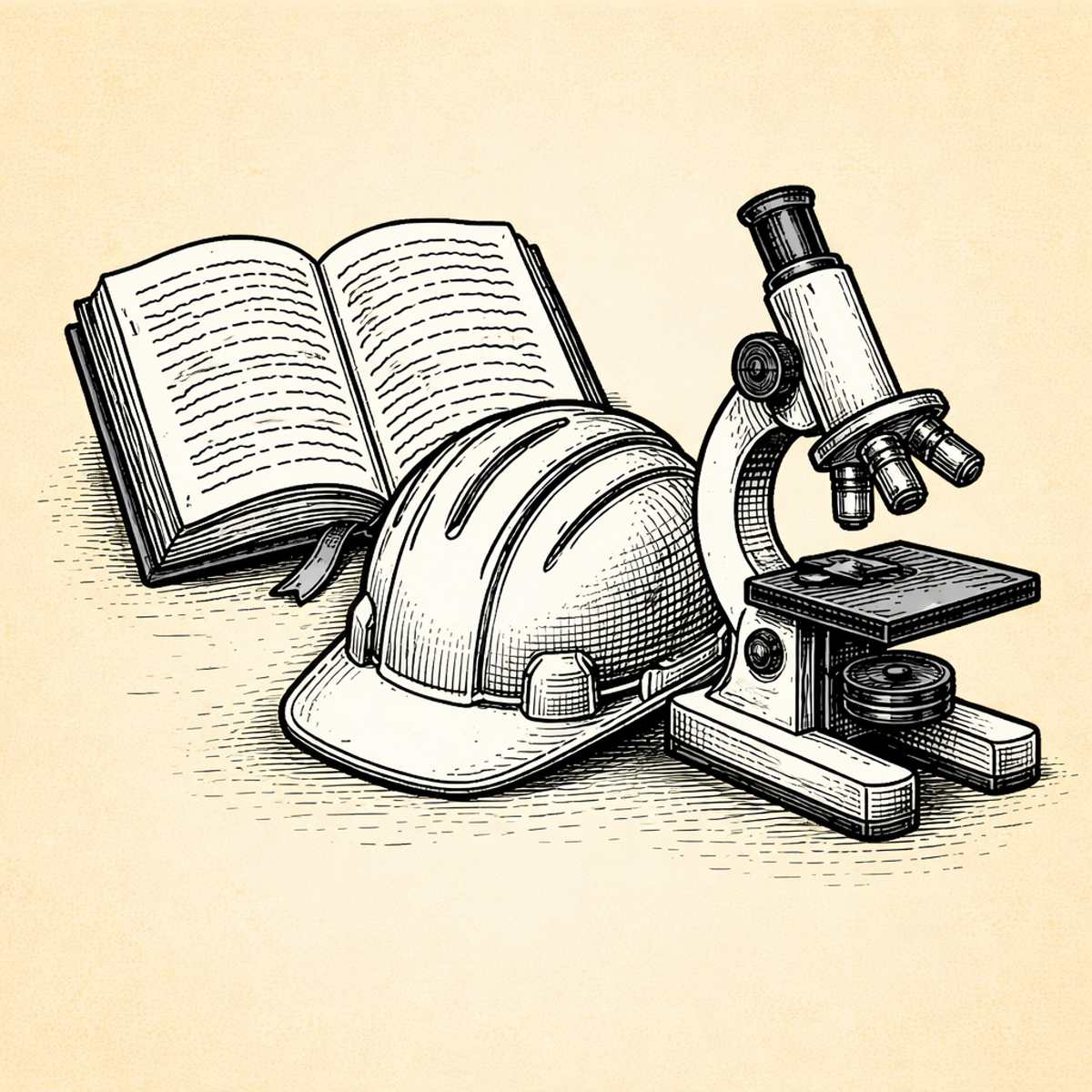 livro, capacete, microscópio