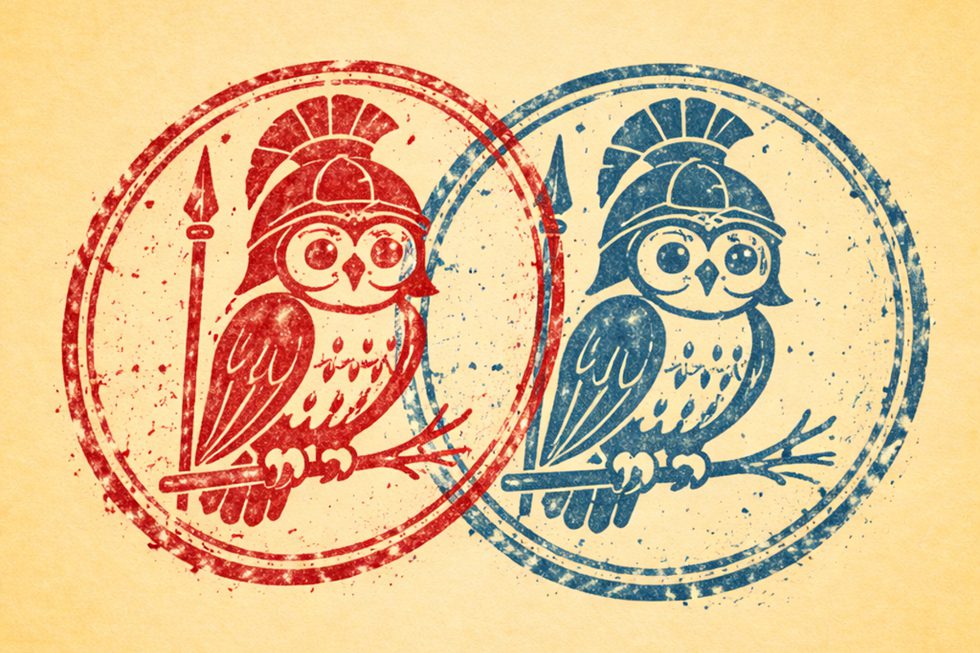 A "marca" da coruja de Atena, símbolo da ciência