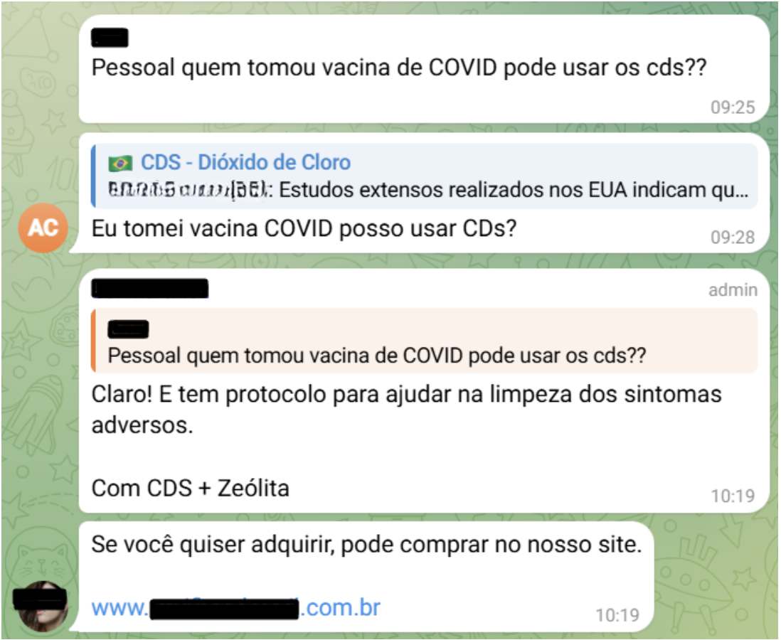 Reprodução de mensagens em canal do Telegram com oferta de 'detox vacinal' com substância usada como alvejante industrial