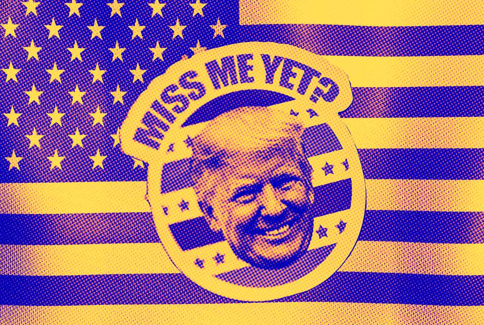 montagem fotográfica com adesivo de D. Trump