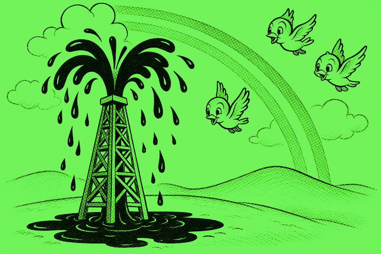 campo de petróleo com arco-íris e passarinhos felizes
