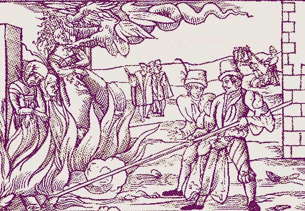 xilogravura de queima de bruxas no século 16