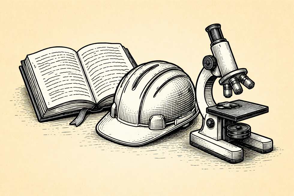 livro, microscópio, capacete