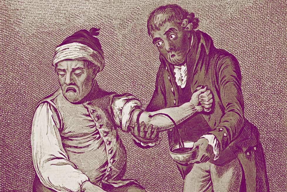 ilustração antiga de médico realizando sangria