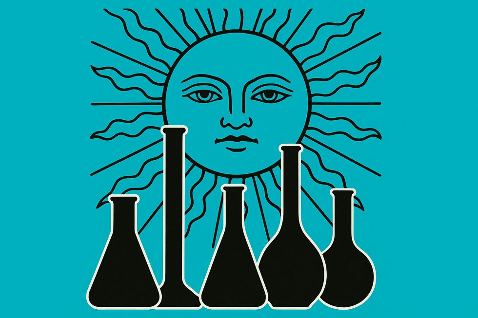 Símbolo esotérico por trás de vidros de laboratório