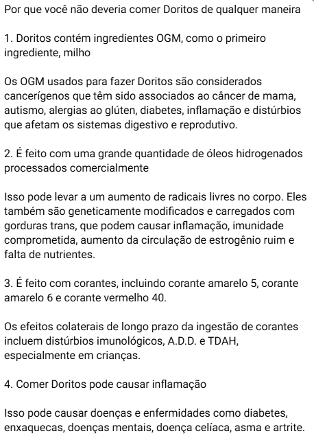 Imagem de publicação no Telegram com texto sobre os perigos do consumo de Doritos